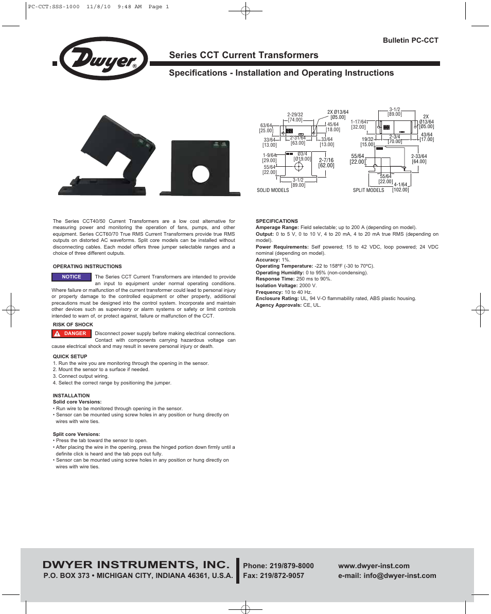 Dwyer CCT70 User Manual | 2 pages