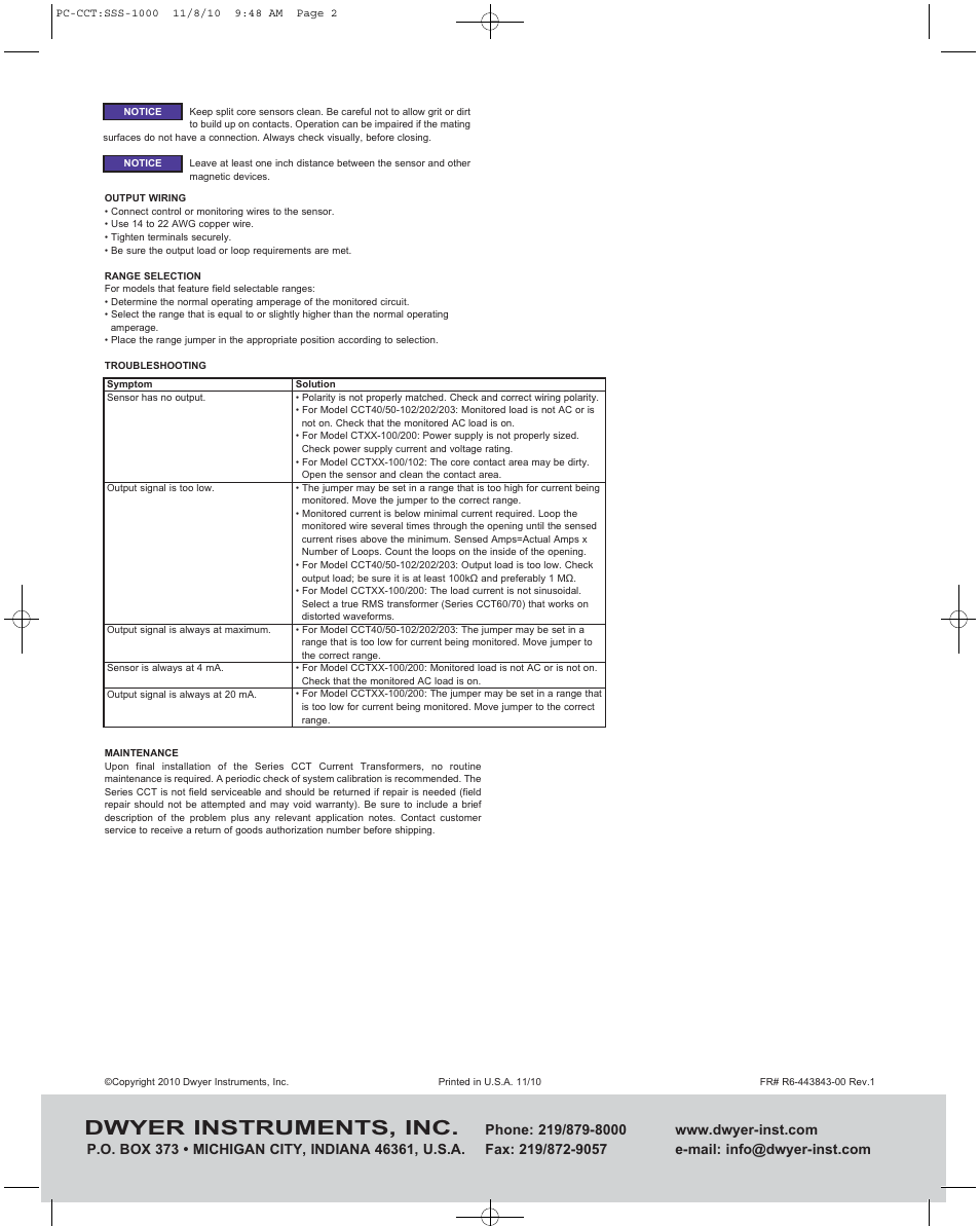Dwyer instruments, inc | Dwyer CCT70 User Manual | Page 2 / 2