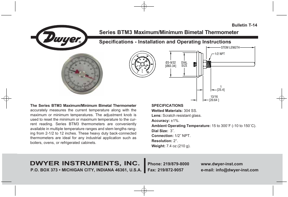 Dwyer BTM3 User Manual | 2 pages