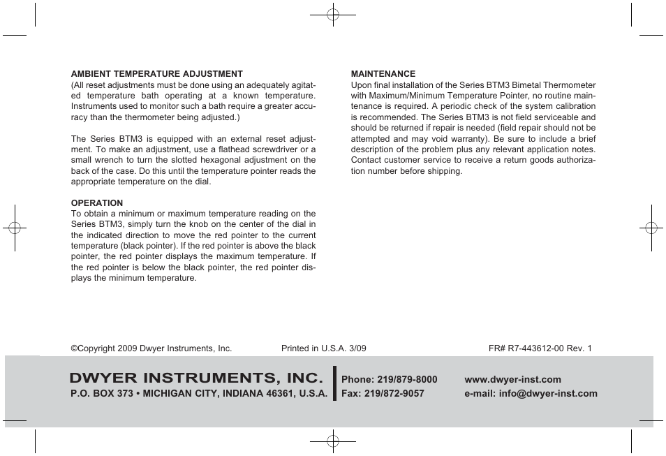 Dwyer instruments, inc | Dwyer BTM3 User Manual | Page 2 / 2