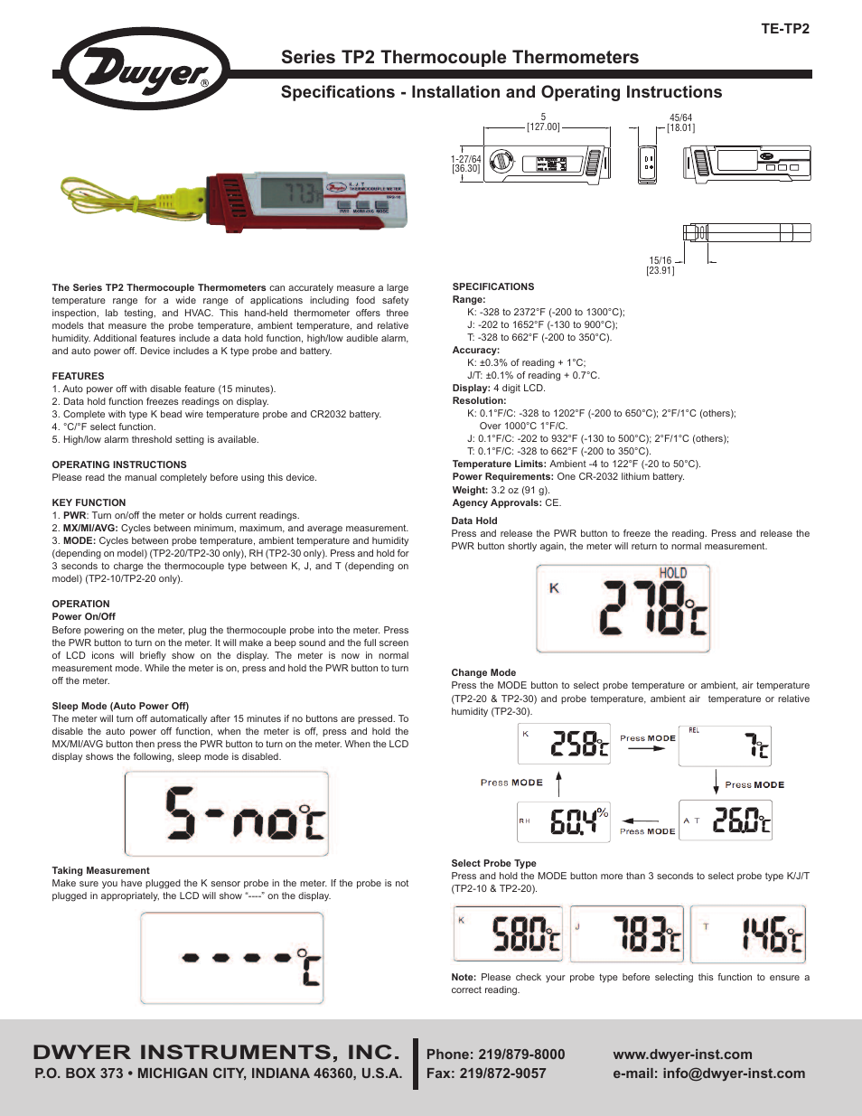 Dwyer TP2 User Manual | 2 pages