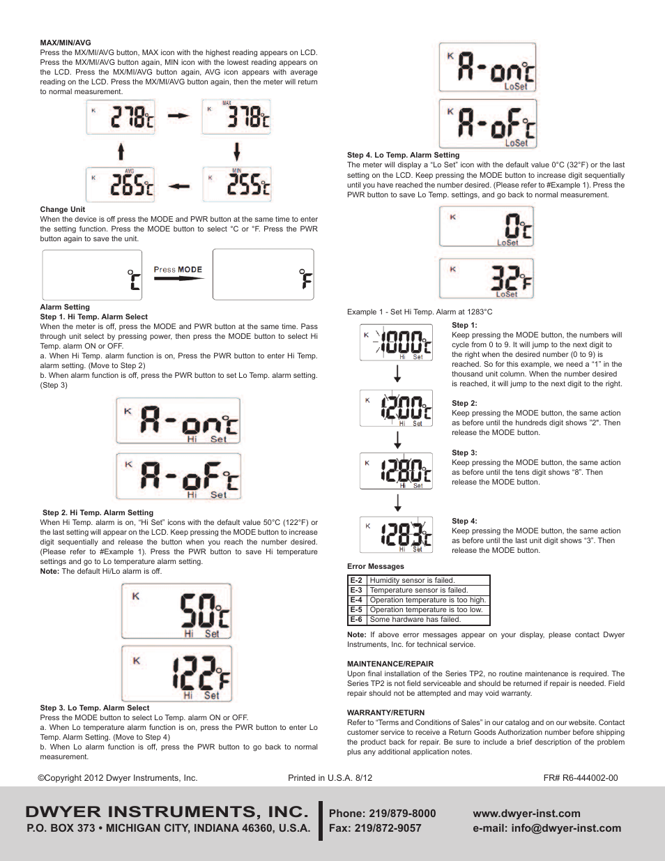 Dwyer instruments, inc | Dwyer TP2 User Manual | Page 2 / 2