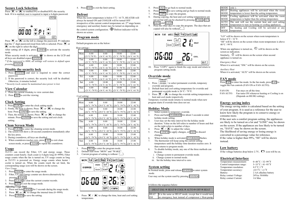 Secure lock selection, Disable the security lock, View calendar | Clock setting, Clean screen mode, Usage, Defrost, Program mode, Override mode, Holiday mode | Dwyer TLVT1 User Manual | Page 2 / 2