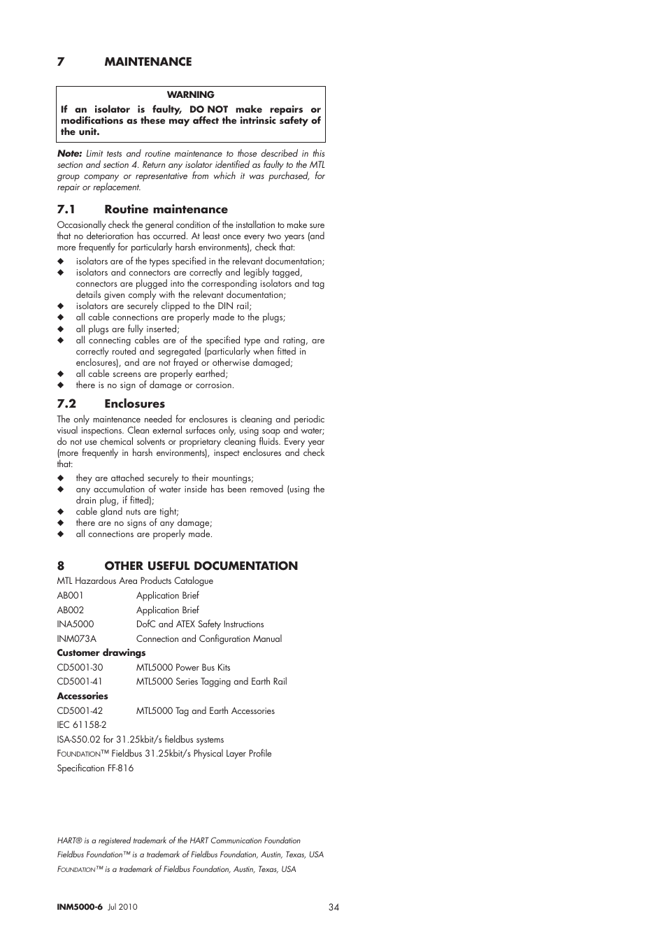 7maintenance, 1 routine maintenance, 2 enclosures | 8other useful documentation | Dwyer MTL5045 User Manual | Page 38 / 44