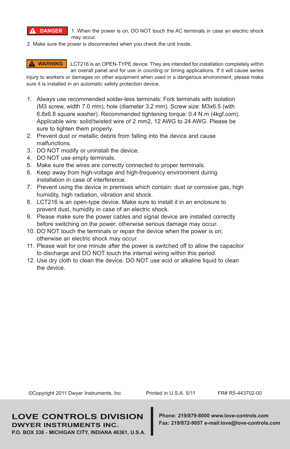 Love controls division | Dwyer LCT216 User Manual | Page 18 / 18