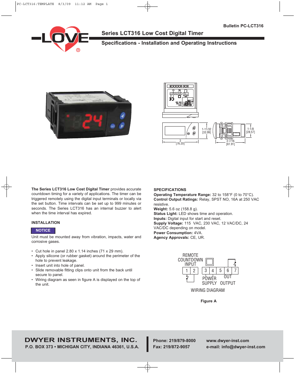 Dwyer LCT316 User Manual | 2 pages