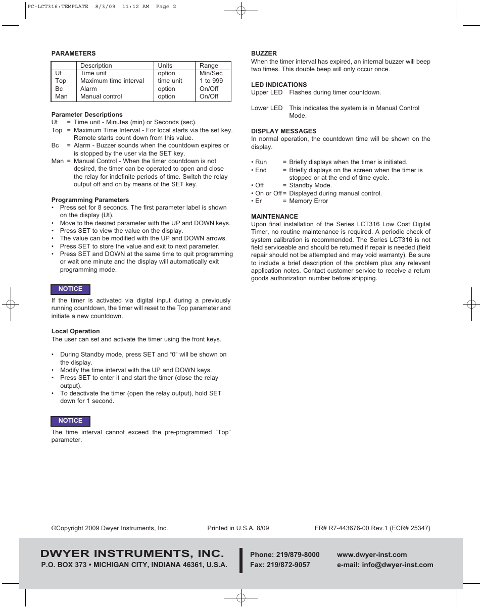 Dwyer instruments, inc | Dwyer LCT316 User Manual | Page 2 / 2