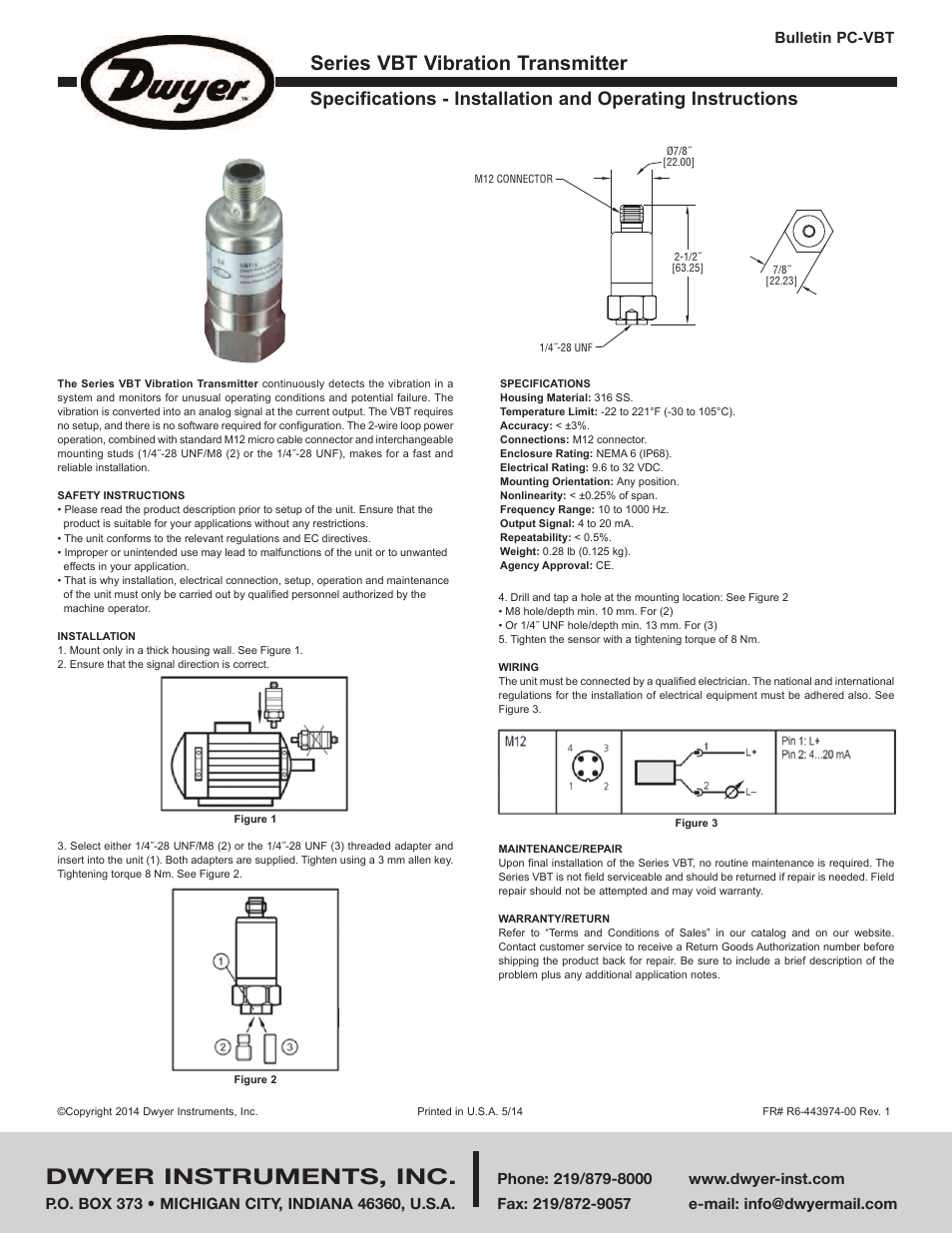 Dwyer VBT-1 User Manual | 1 page