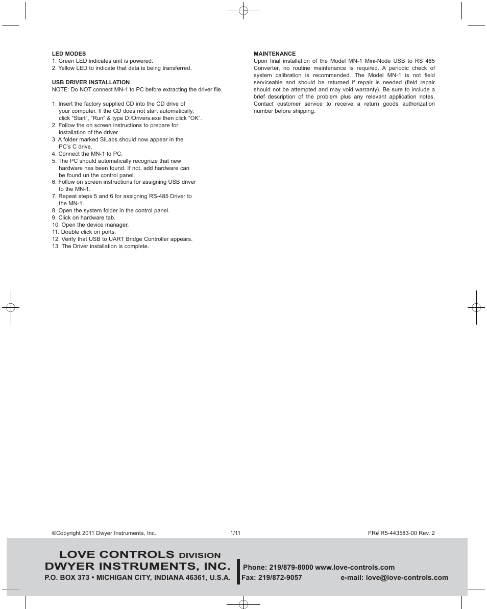 Love controls, Dwyer instruments, inc | Dwyer MN-1 User Manual | Page 2 / 2