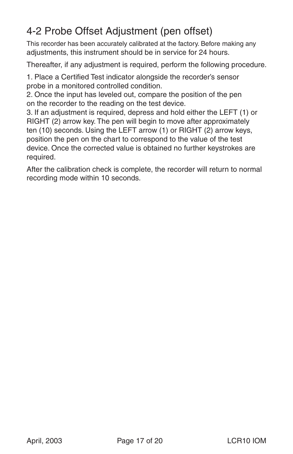 2 probe offset adjustment (pen offset) | Dwyer LCR10 User Manual | Page 17 / 20