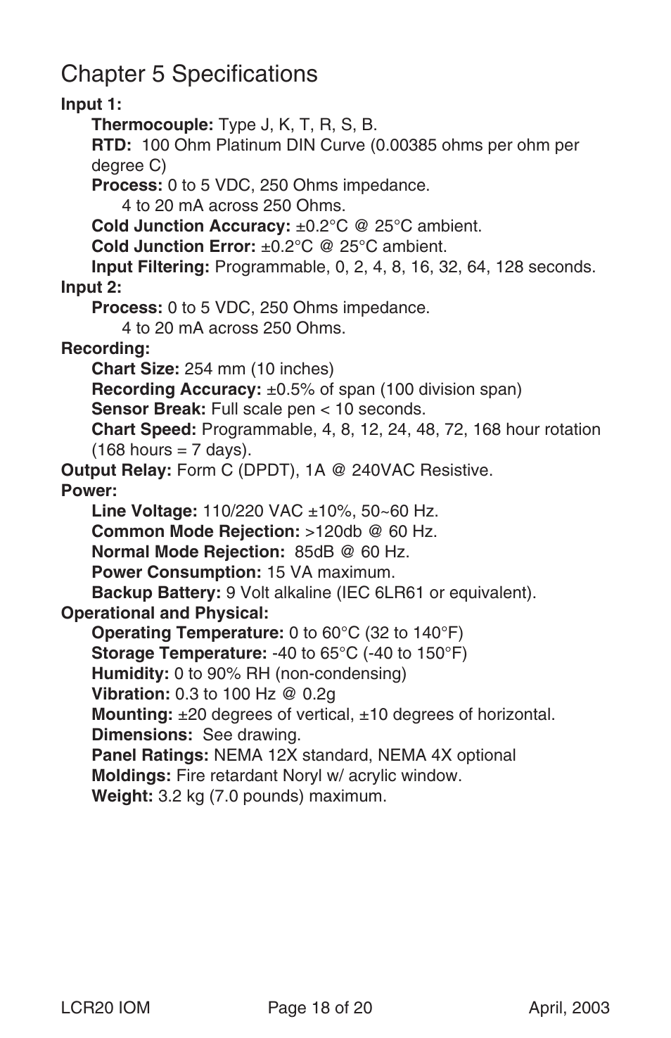 Chapter 5 specifi cations | Dwyer LCR20 User Manual | Page 18 / 20