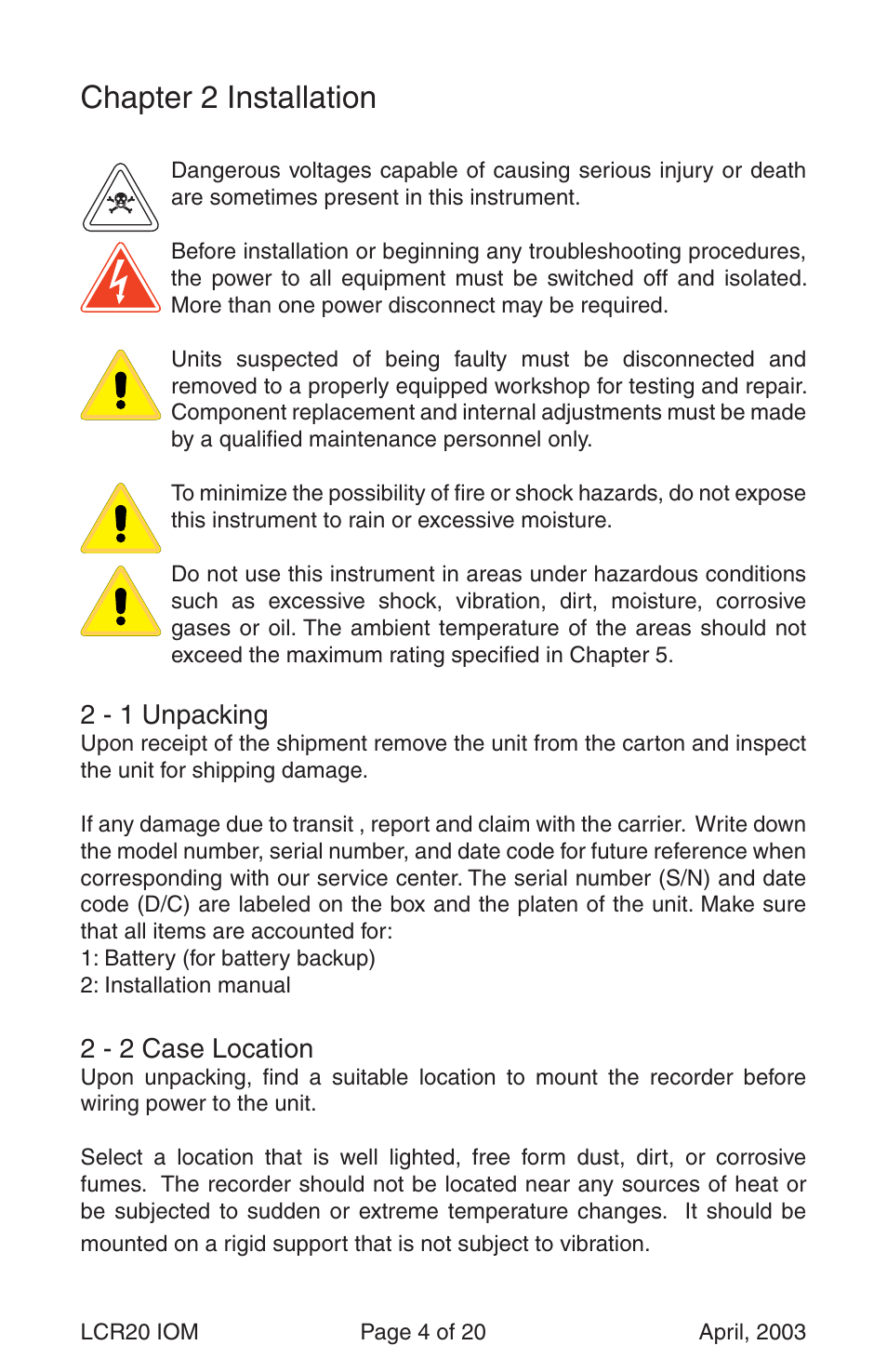 Chapter 2 installation | Dwyer LCR20 User Manual | Page 4 / 20