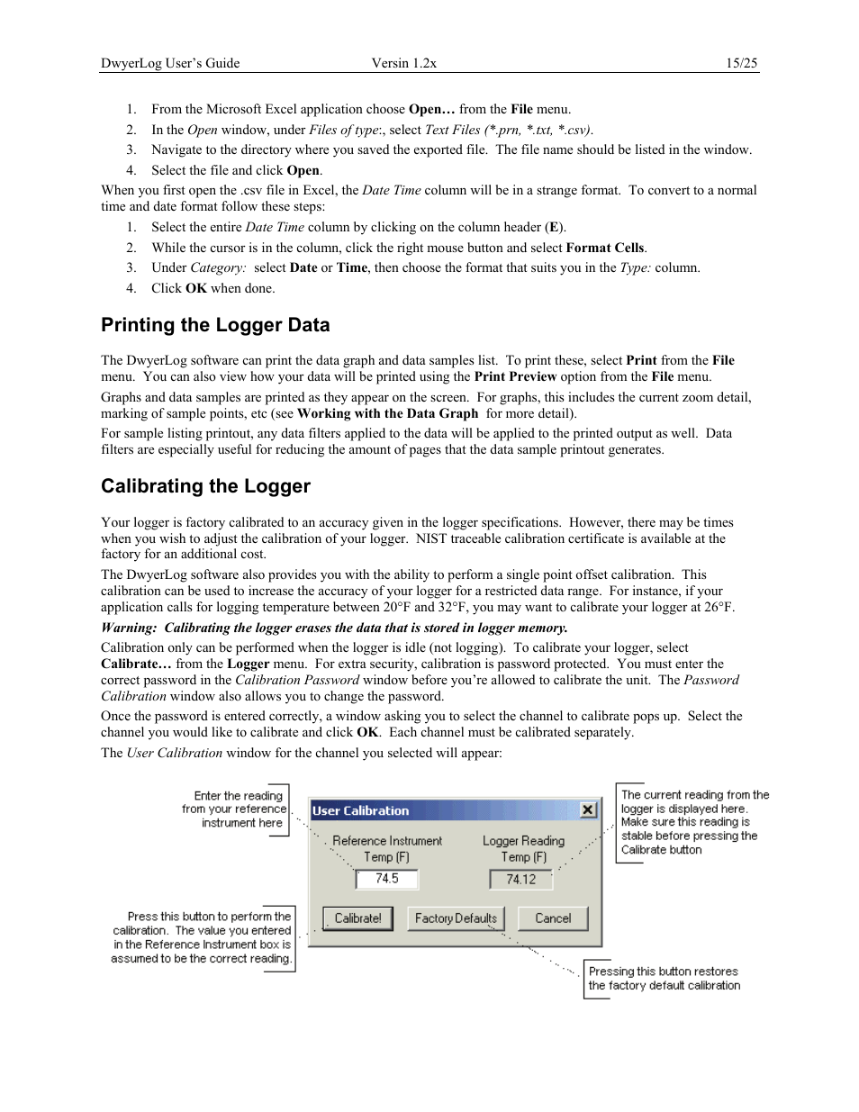 Printing the logger data, Calibrating the logger | Dwyer GDL User Manual | Page 15 / 25