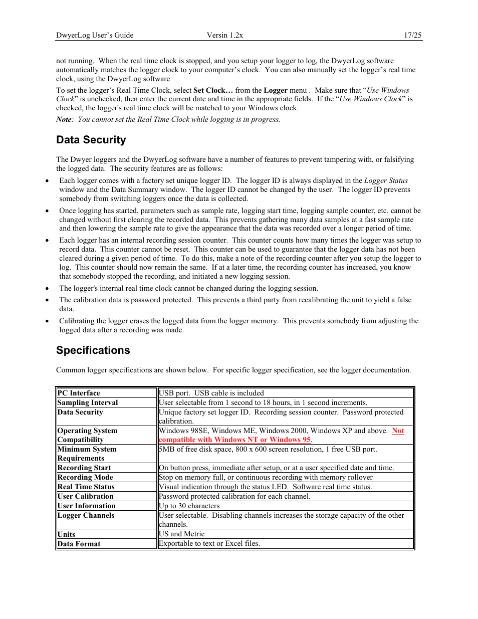 Data security, Specifications | Dwyer GDL User Manual | Page 17 / 25