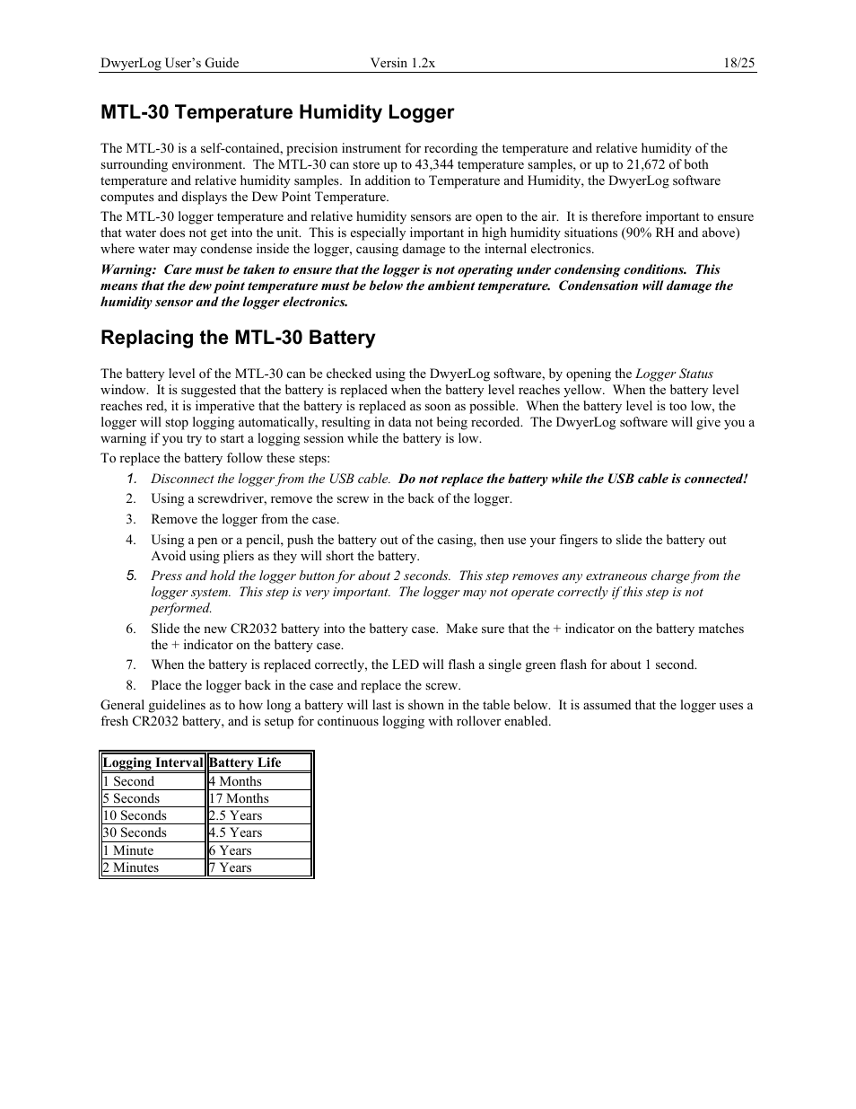 Mtl-30 temperature humidity logger, Replacing the mtl-30 battery | Dwyer GDL User Manual | Page 18 / 25