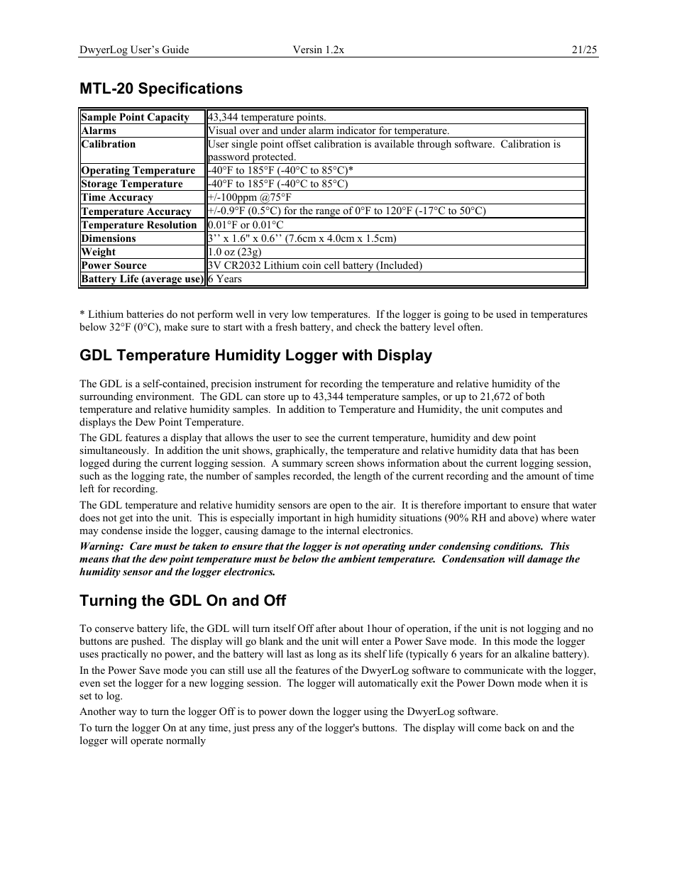 Mtl-20 specifications, Gdl temperature humidity logger with display, Turning the gdl on and off | Dwyer GDL User Manual | Page 21 / 25