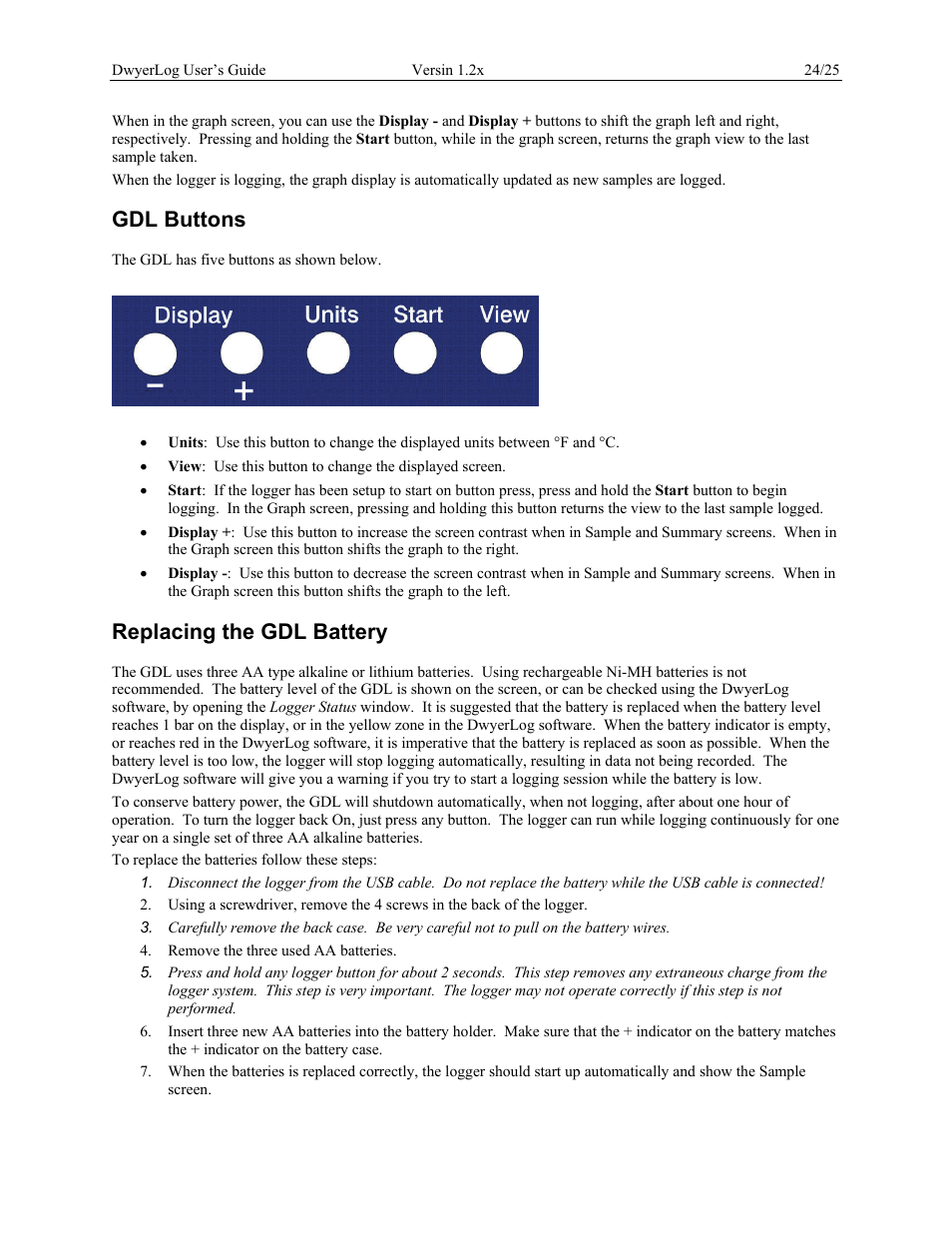 Gdl buttons, Replacing the gdl battery | Dwyer GDL User Manual | Page 24 / 25