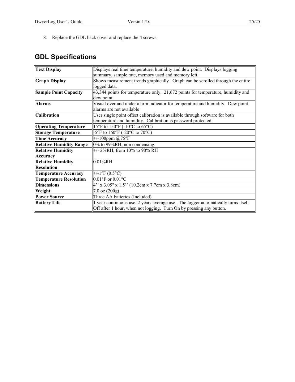 Gdl specifications | Dwyer GDL User Manual | Page 25 / 25