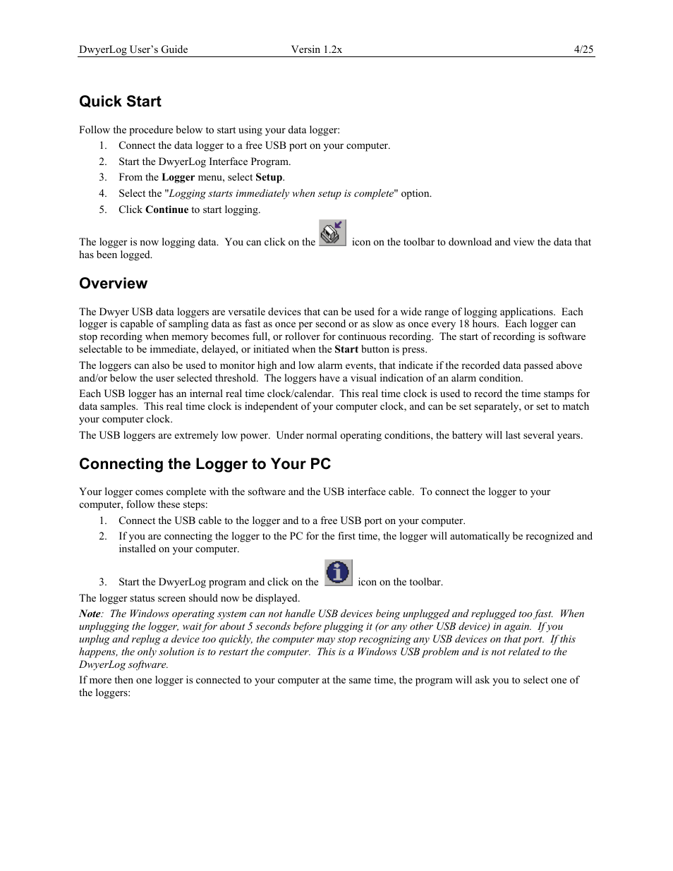 Quick start, Overview, Connecting the logger to your pc | Dwyer GDL User Manual | Page 4 / 25