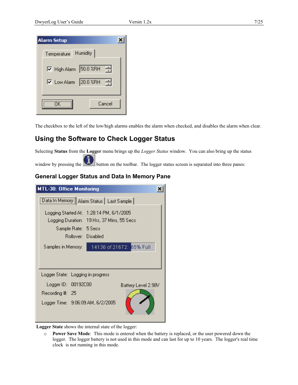 Using the software to check logger status, General logger status and data in memory pane | Dwyer GDL User Manual | Page 7 / 25