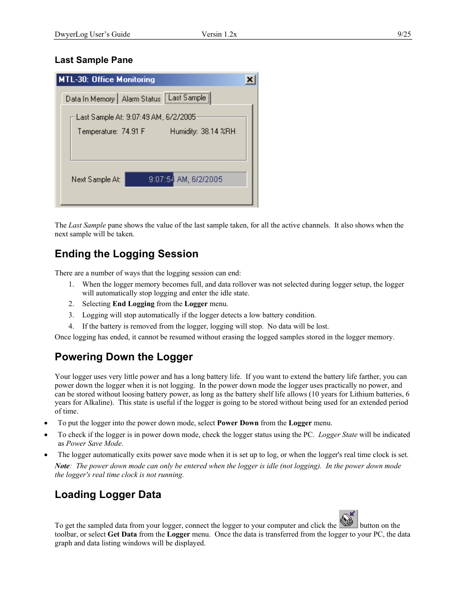 Last sample pane, Ending the logging session, Powering down the logger | Loading logger data | Dwyer GDL User Manual | Page 9 / 25