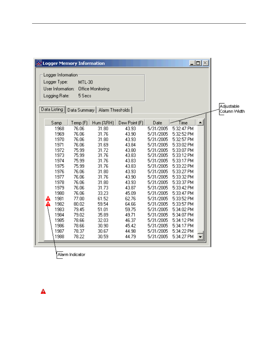 Data listing window, Data summary and statistics | Dwyer GDL-T User Manual | Page 13 / 33
