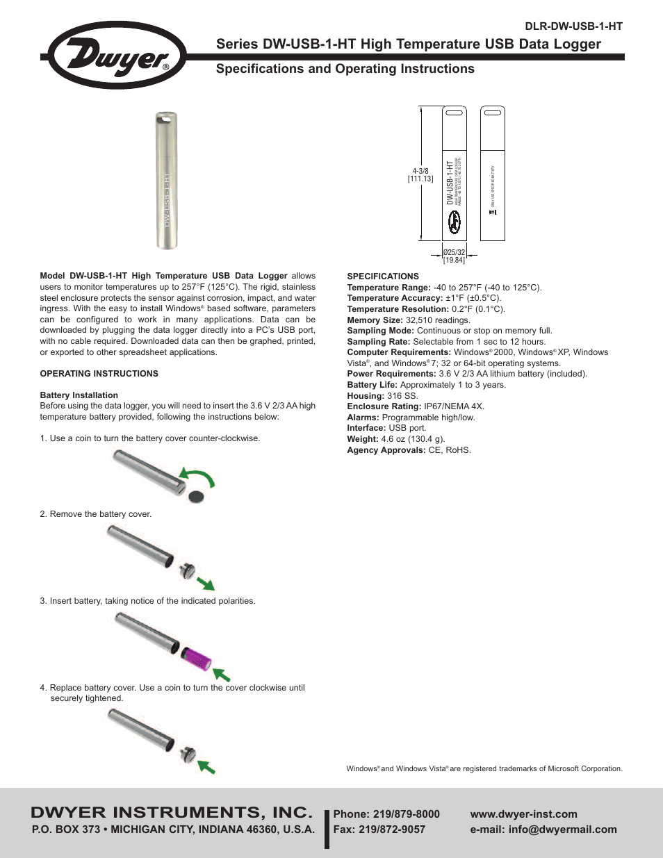 Dwyer DW-USB-1-HT User Manual | 2 pages