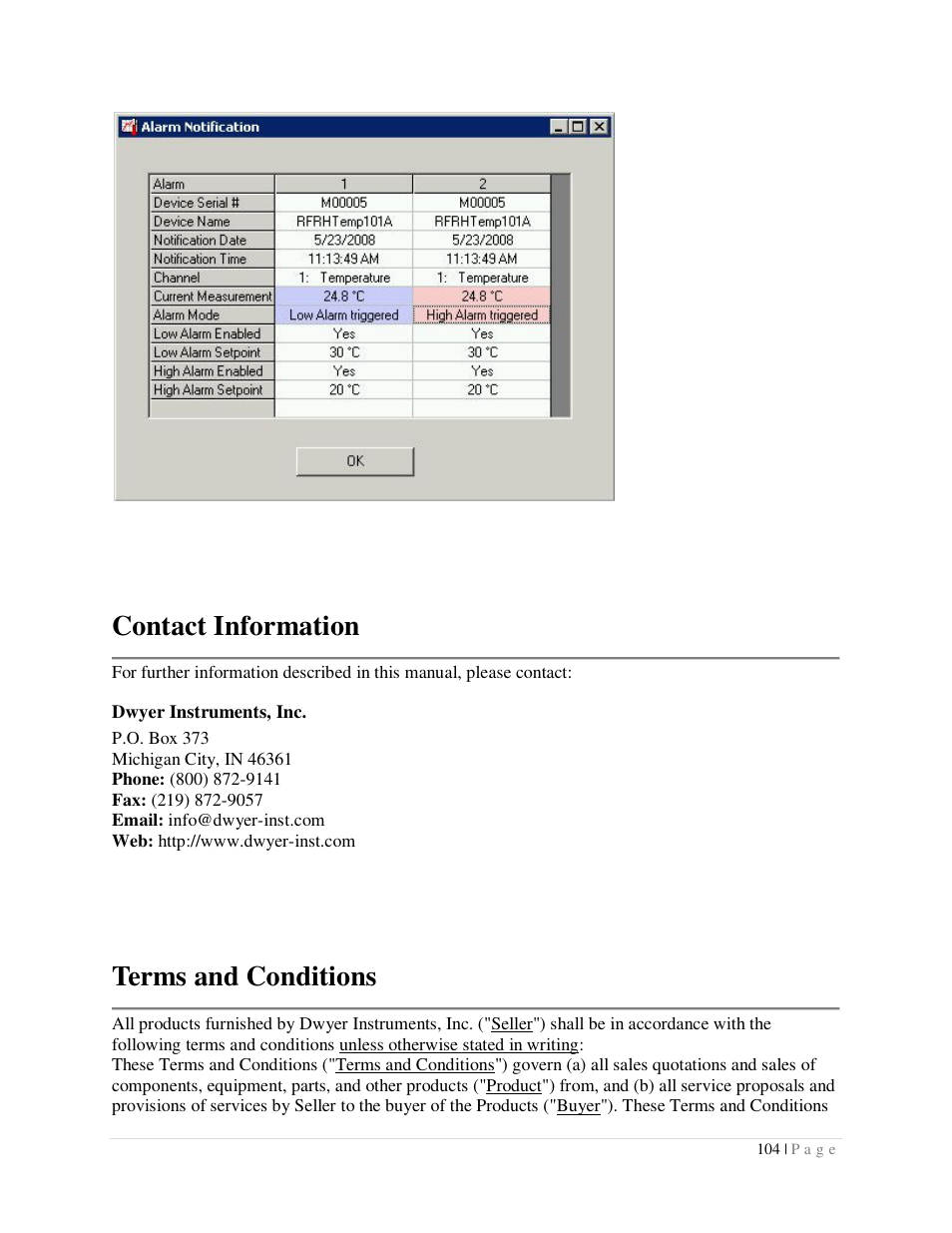 Contact information, Terms and conditions | Dwyer DLI User Manual | Page 104 / 107