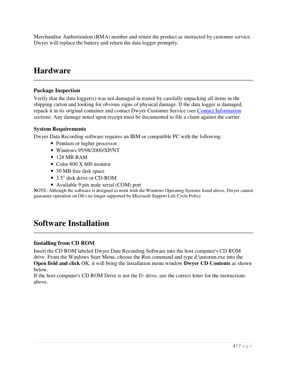 Hardware, Software installation | Dwyer DLI User Manual | Page 4 / 107