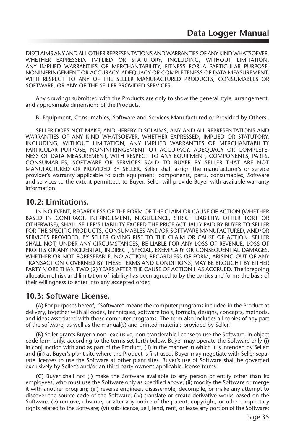 Data logger manual, Limitations, Software license | Dwyer DLI-H User Manual | Page 36 / 38