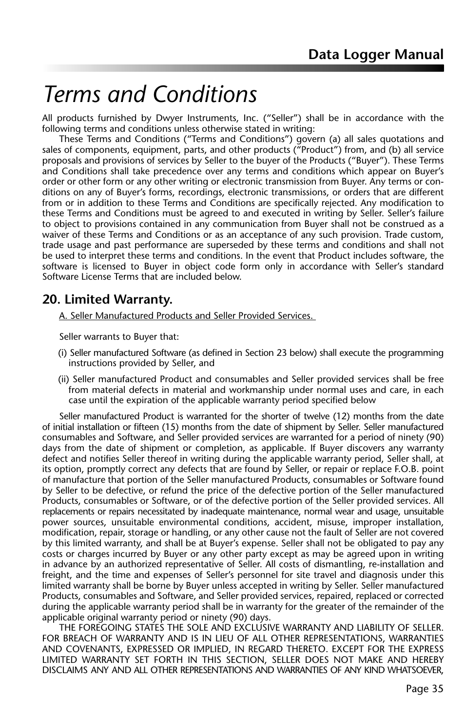 Terms and conditions, Data logger manual, Limited warranty | Dwyer DLI-P User Manual | Page 36 / 38