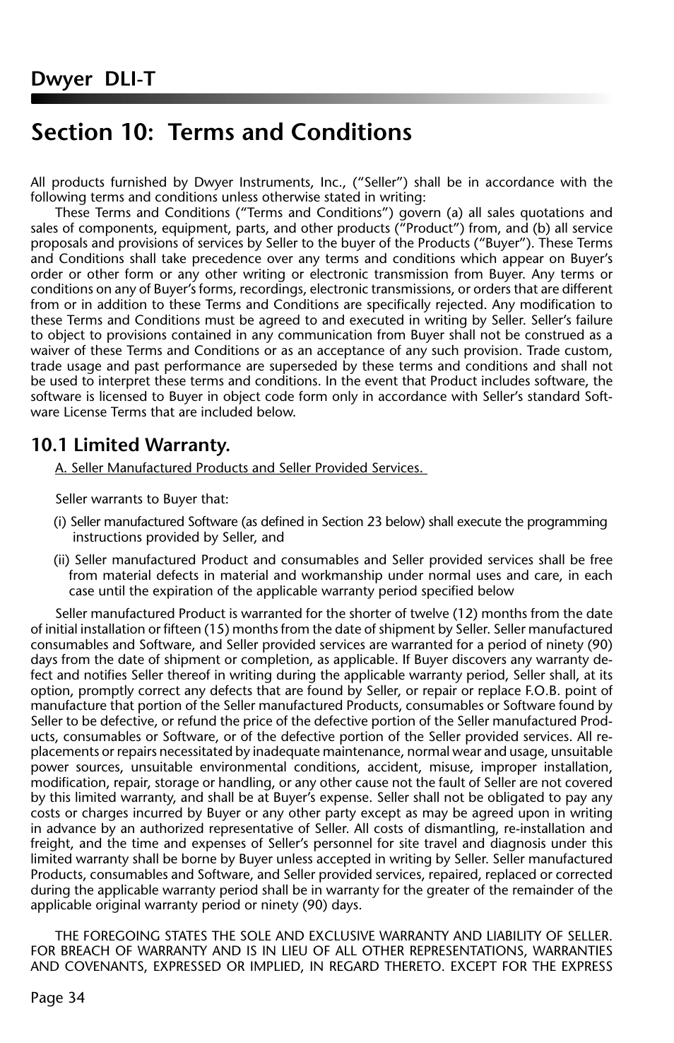 Dwyer dli-t, 1 limited warranty | Dwyer DLI-T User Manual | Page 35 / 38