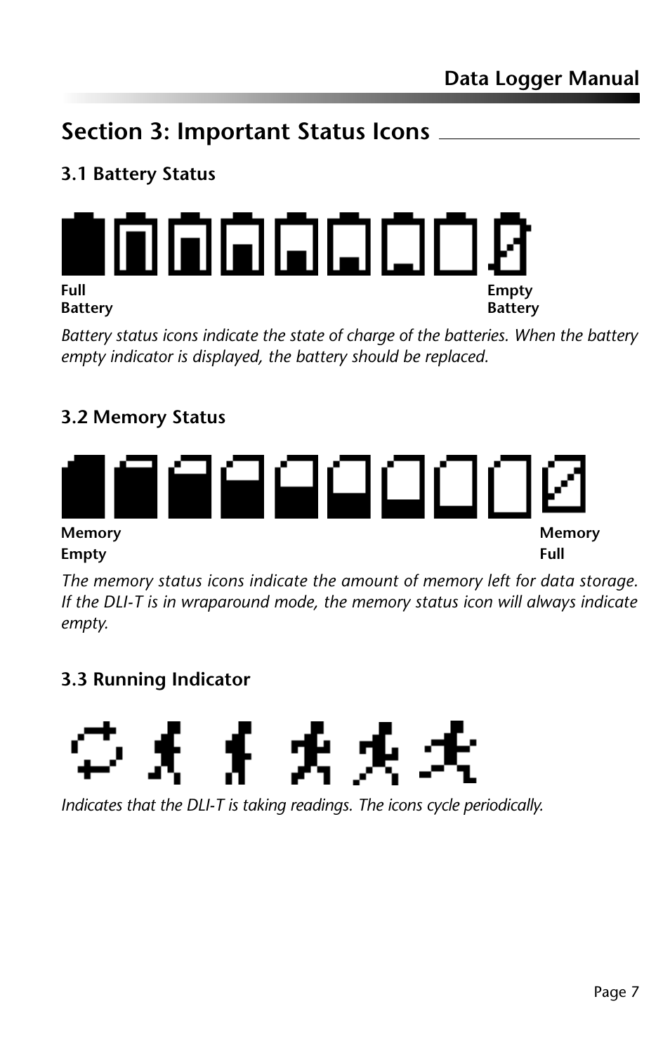 Data logger manual, 1 battery status, 3 running indicator | Dwyer DLI-T User Manual | Page 8 / 38