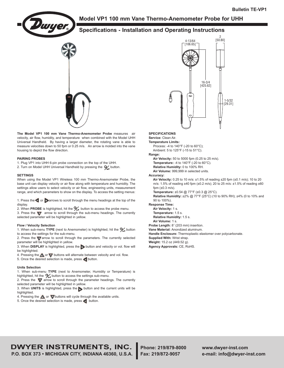 Dwyer VP1 User Manual | 2 pages