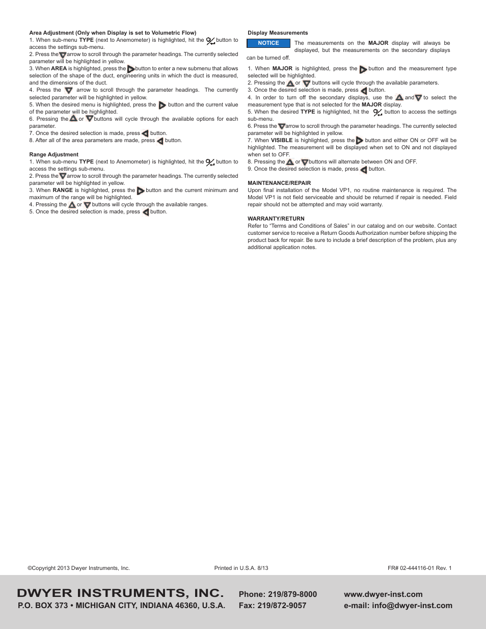 Dwyer instruments, inc | Dwyer VP1 User Manual | Page 2 / 2