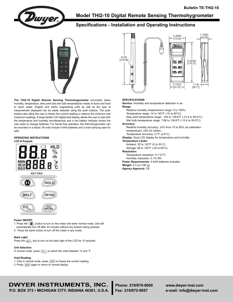 Dwyer THI2-10 User Manual | 2 pages
