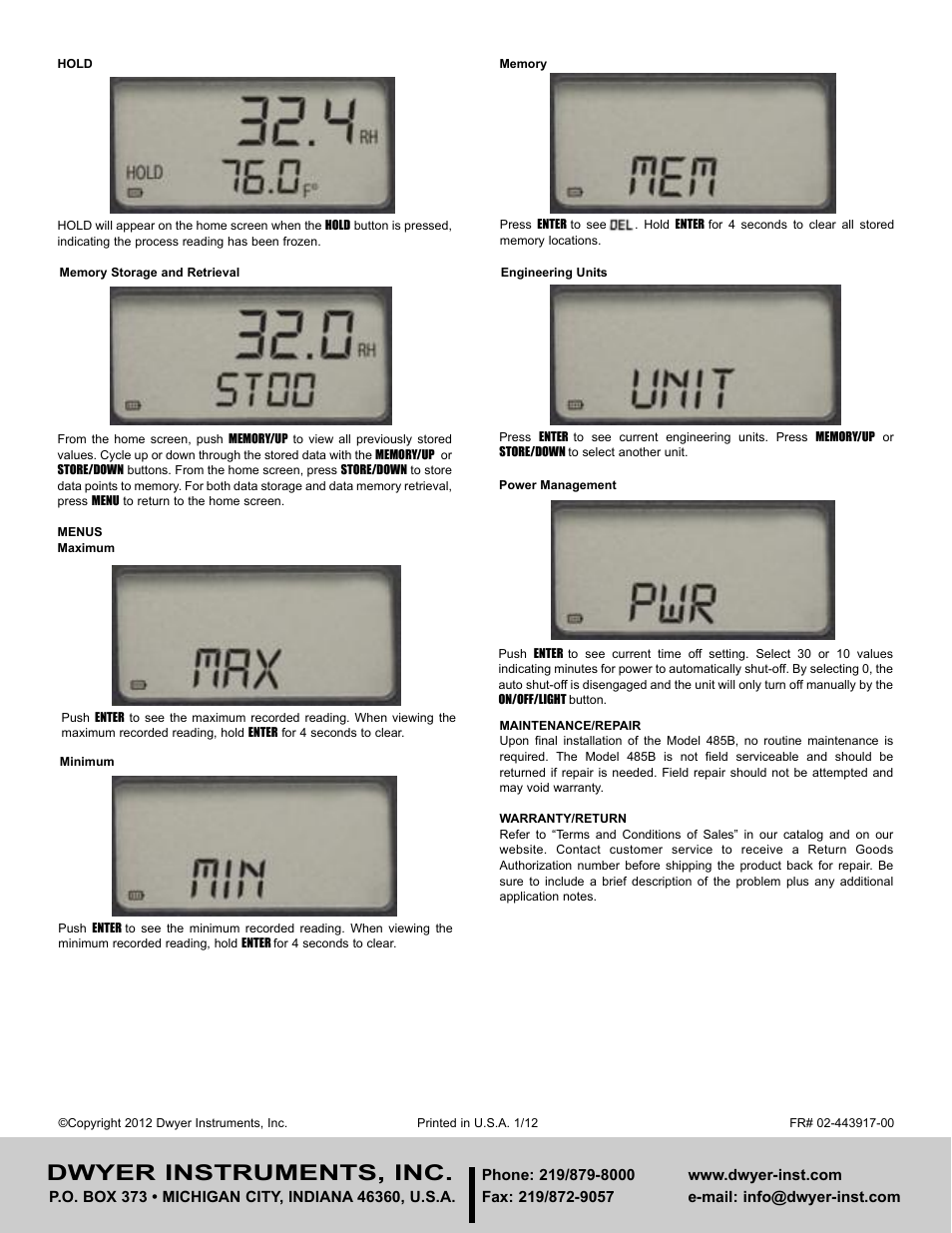 Dwyer instruments, inc | Dwyer 485B User Manual | Page 2 / 2