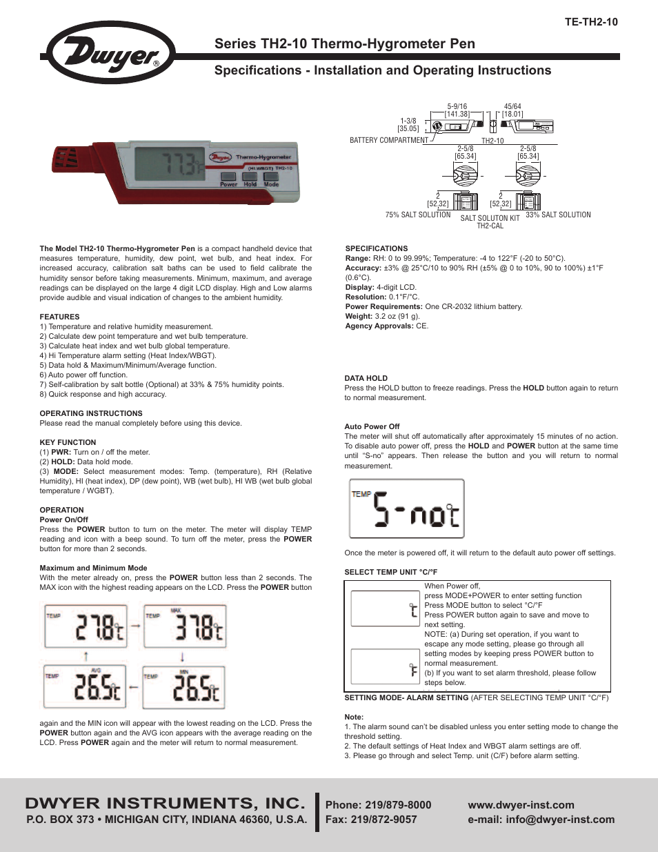 Dwyer TH2-10 User Manual | 2 pages