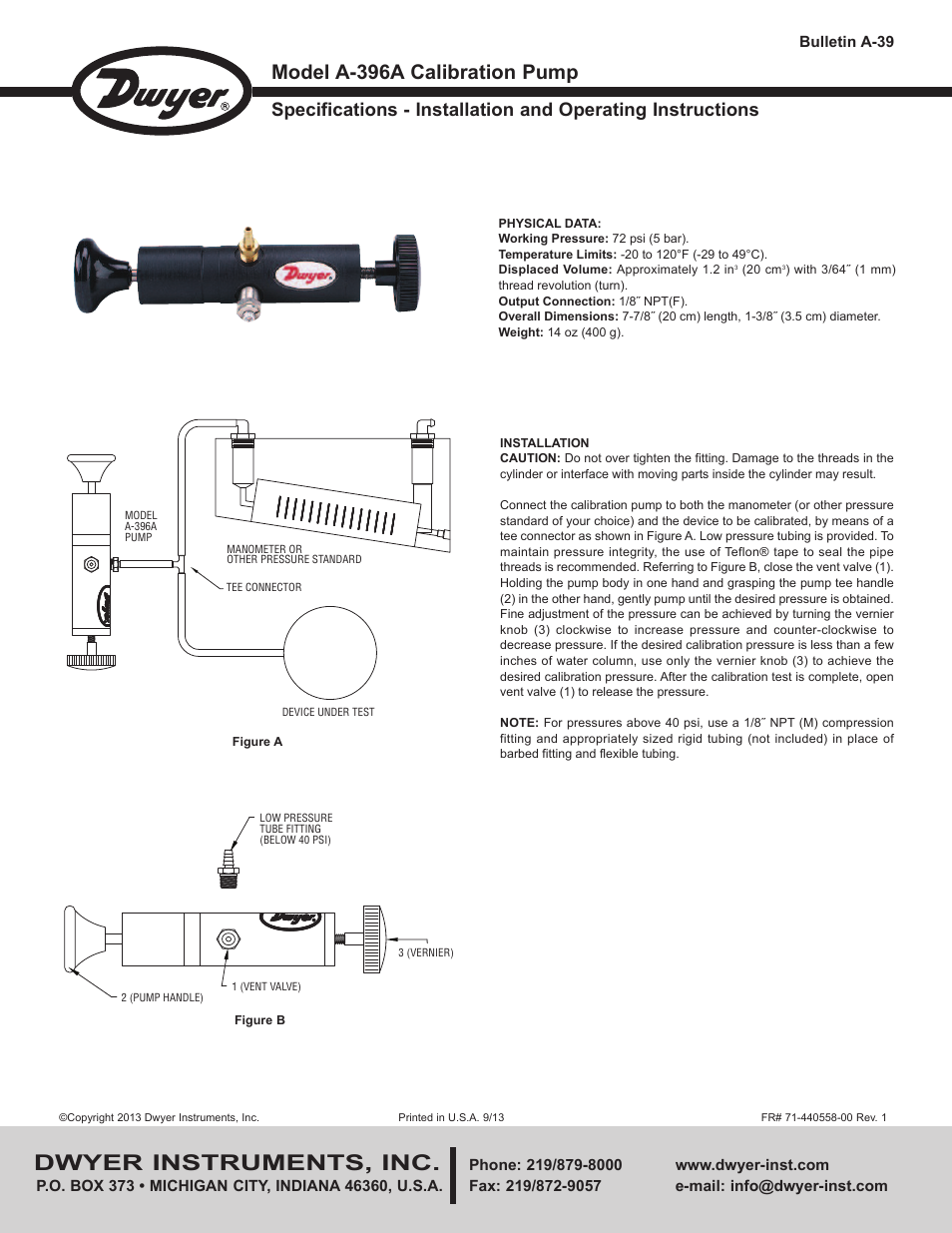 Dwyer A-396A User Manual | 1 page