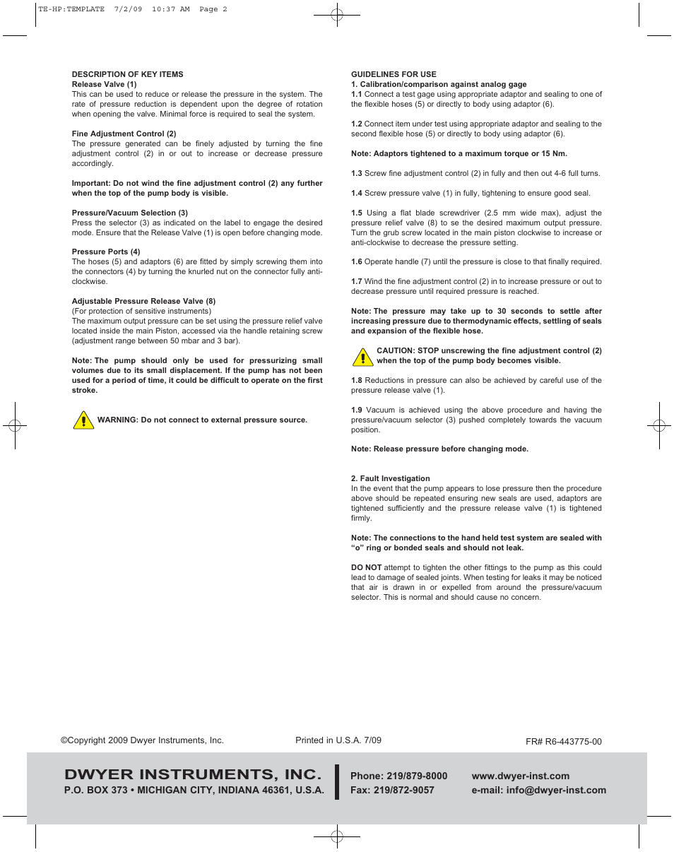 Dwyer instruments, inc | Dwyer HP User Manual | Page 2 / 2