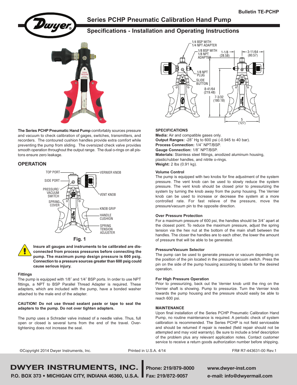 Dwyer PCHP User Manual | 1 page