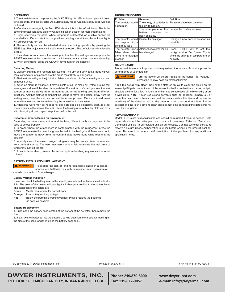 Dwyer instruments, inc | Dwyer RLD2 User Manual | Page 2 / 2