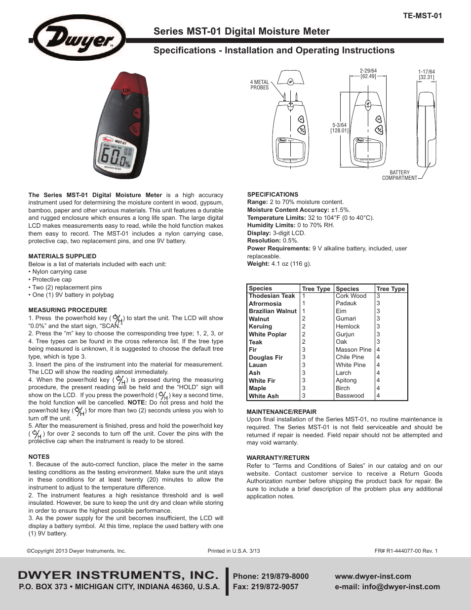 Dwyer MST-01 User Manual | 1 page