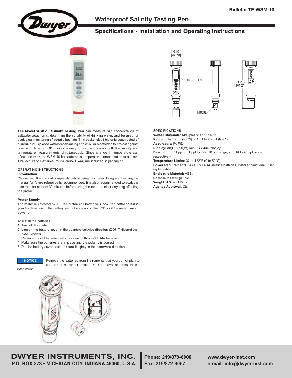 Dwyer WSM-10 User Manual | 4 pages