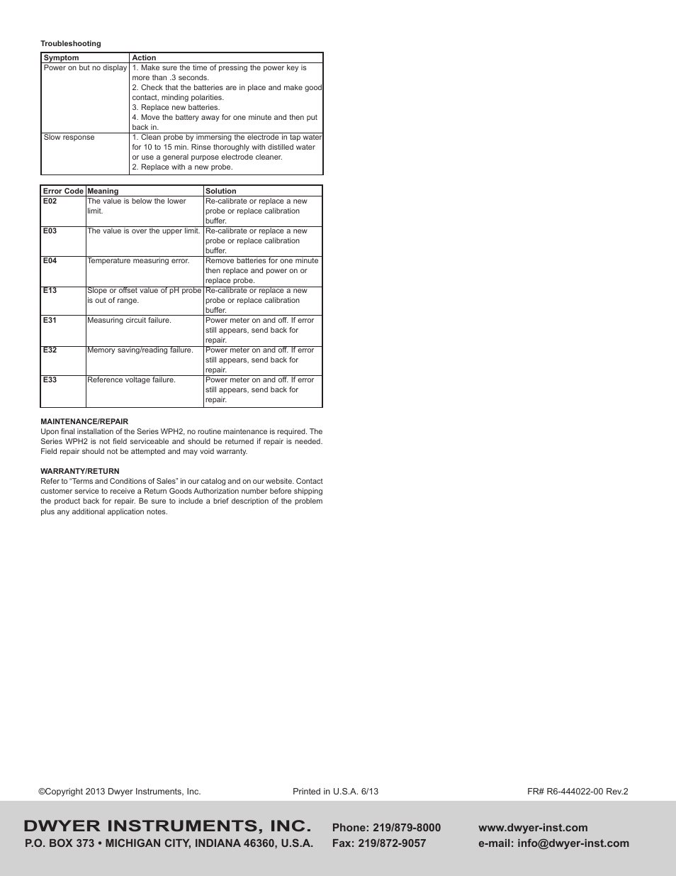 Dwyer instruments, inc | Dwyer WPH2 User Manual | Page 4 / 4