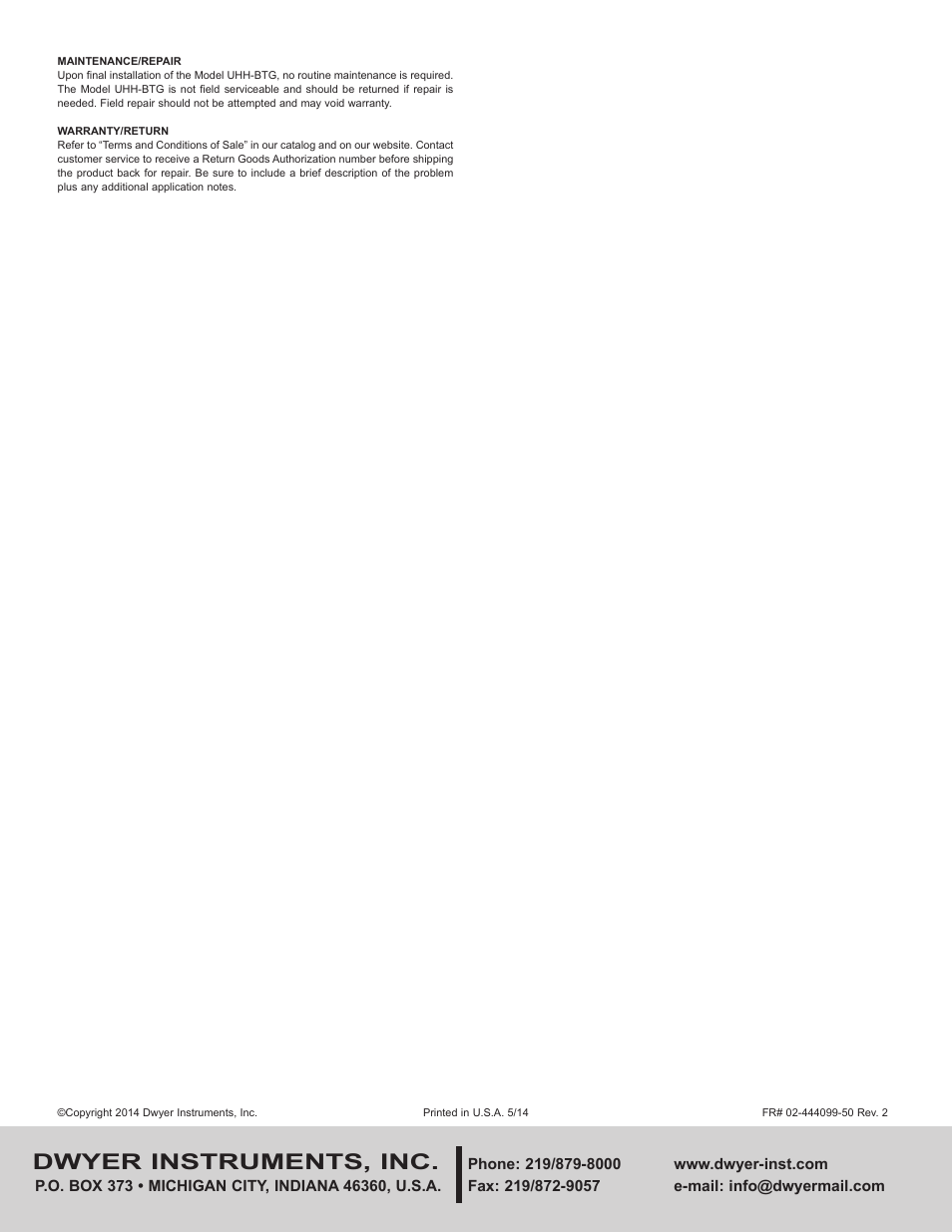 Dwyer instruments, inc | Dwyer UHH-BTG User Manual | Page 4 / 4
