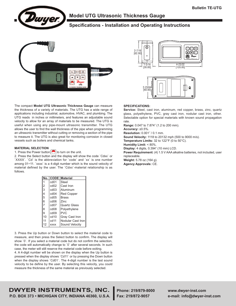 Dwyer UTG User Manual | 2 pages