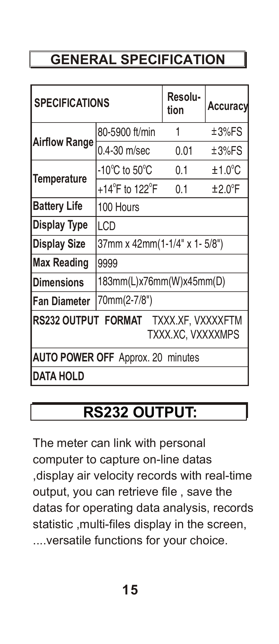 Rs232 output, General specification 15 | Dwyer 8904 User Manual | Page 16 / 19