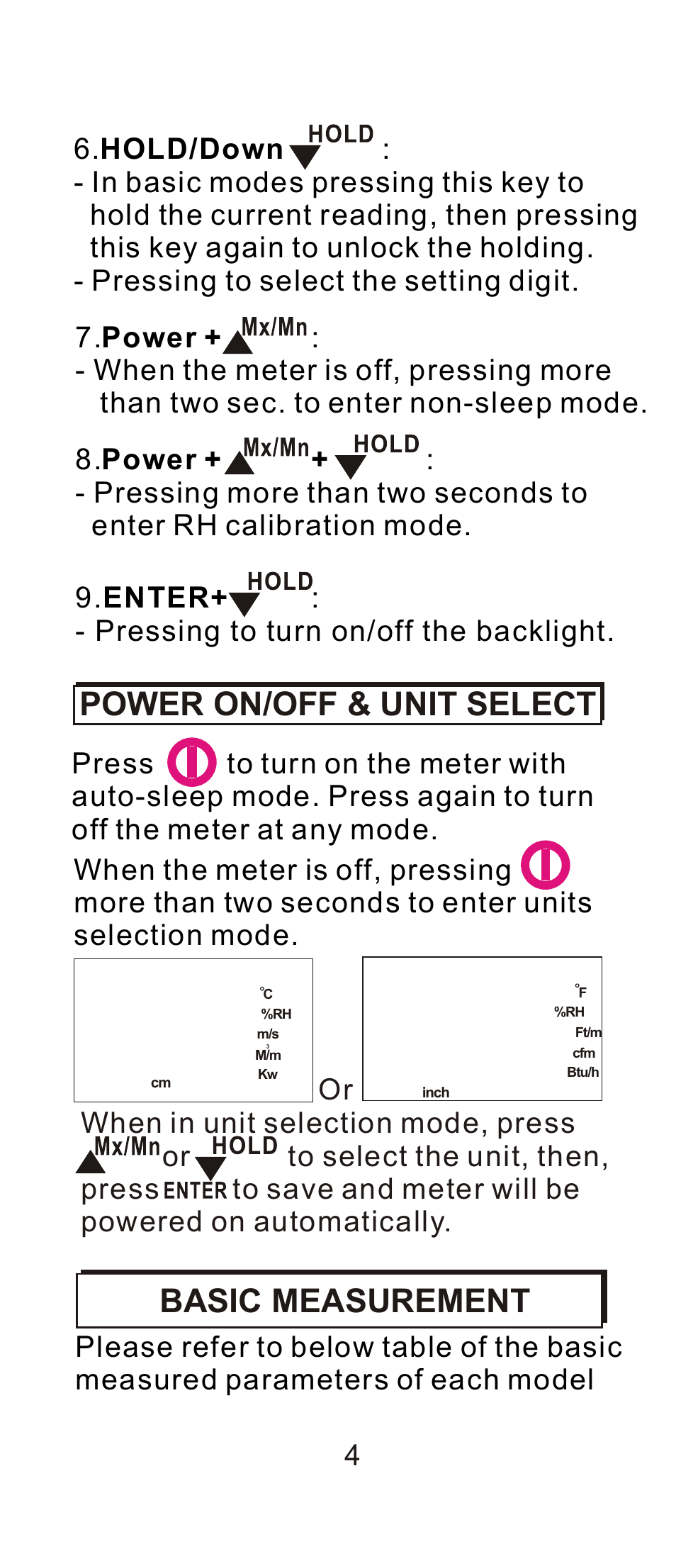 Power on/off & unit select, Basic measurement | Dwyer 8912 User Manual | Page 5 / 20