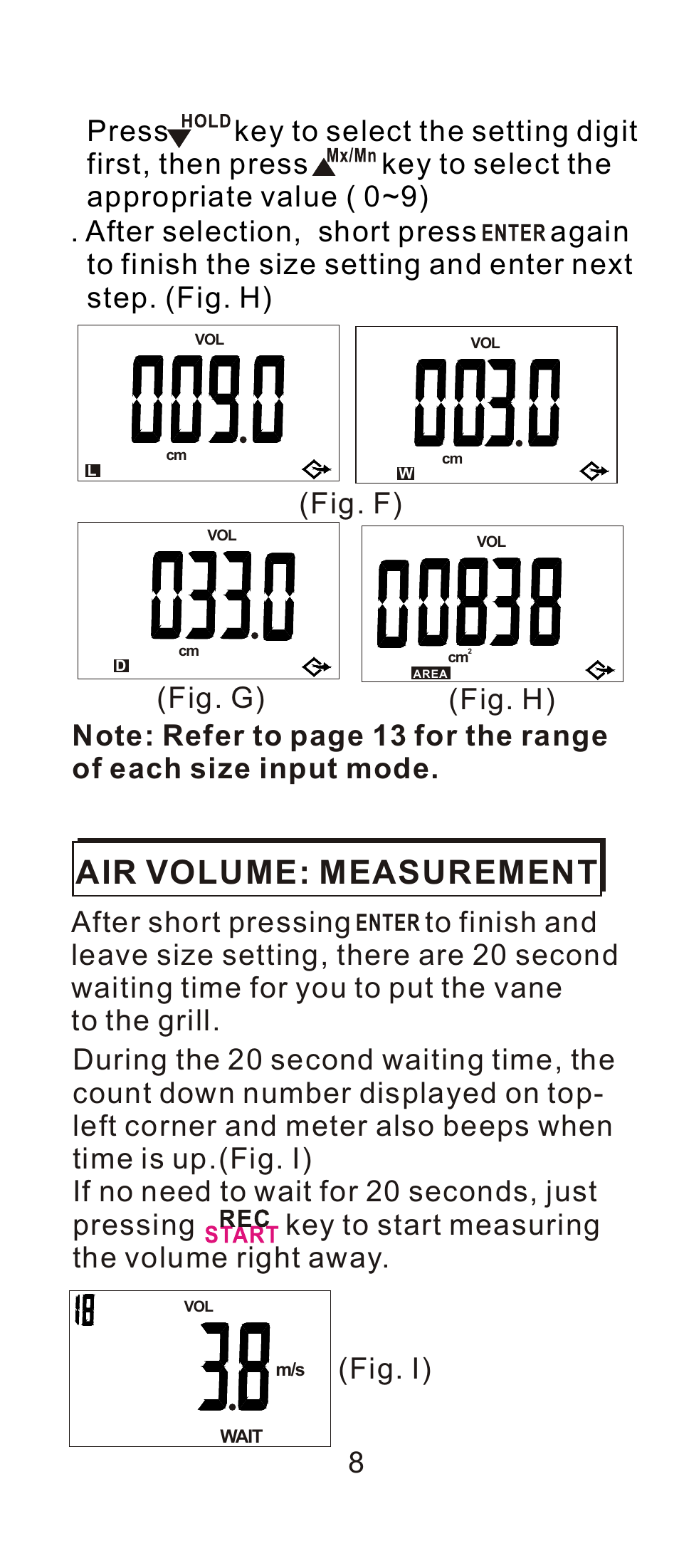 Air volume: measurement, Fig. f) (fig. g) (fig. h) 8, Fig. i) | Dwyer 8912 User Manual | Page 9 / 20